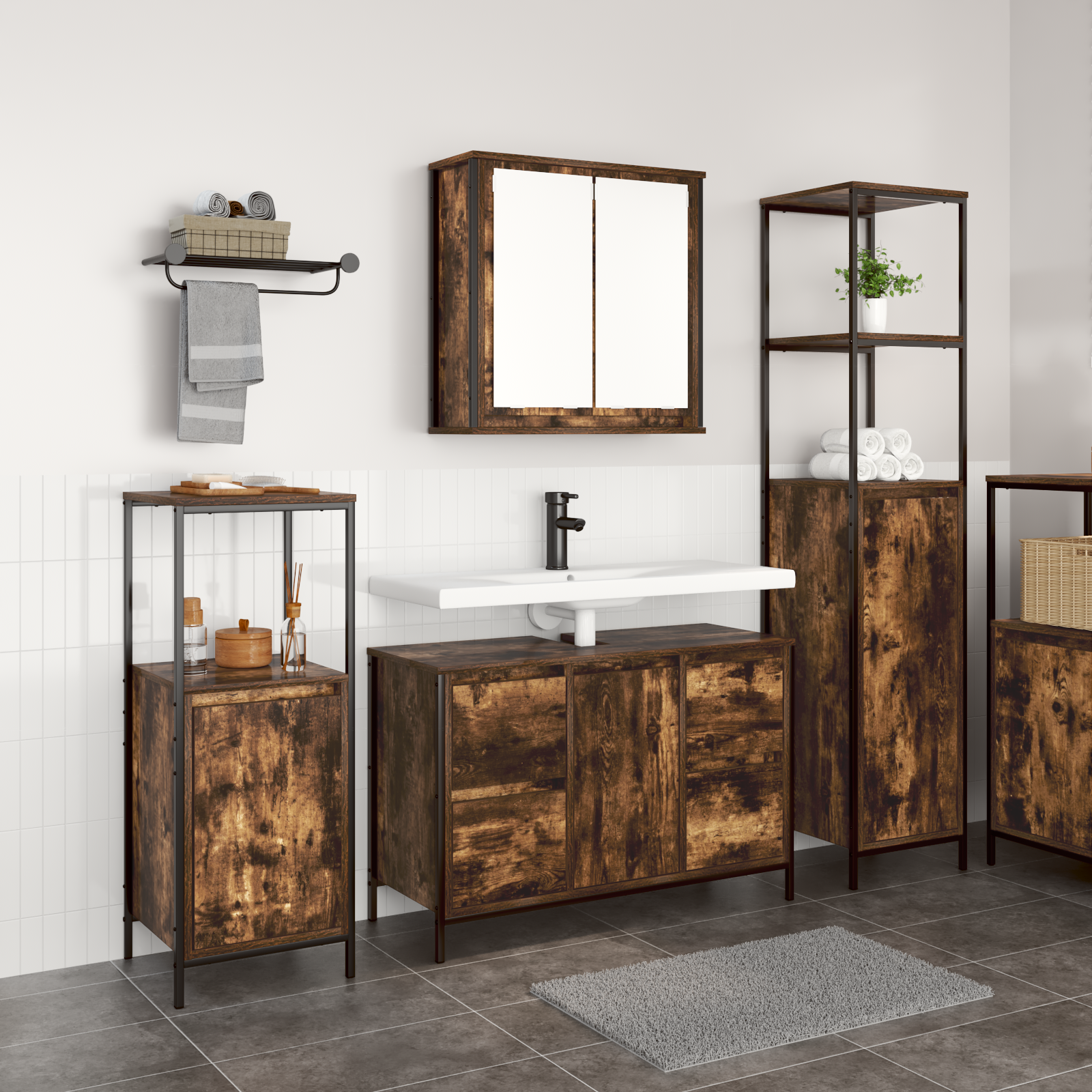Ensemble de meubles de salle de bain 3 pièces en bois d'ingénierie chêne fumé Meubles-lavabos de salle de bains vidaXL