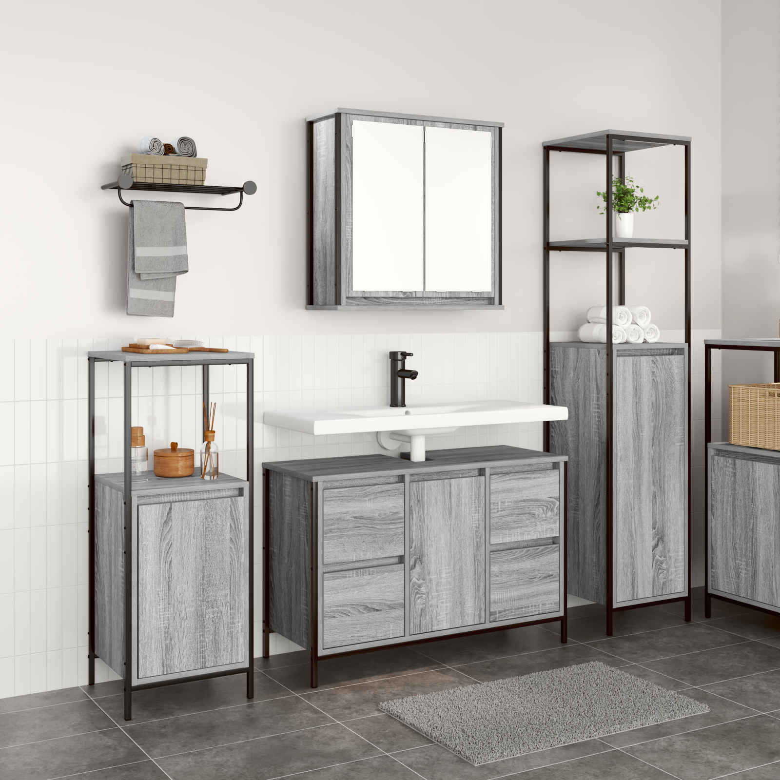 Ensemble de meubles de salle de bain 3 pièces en bois d'ingénierie gris sonoma Meubles-lavabos de salle de bains vidaXL