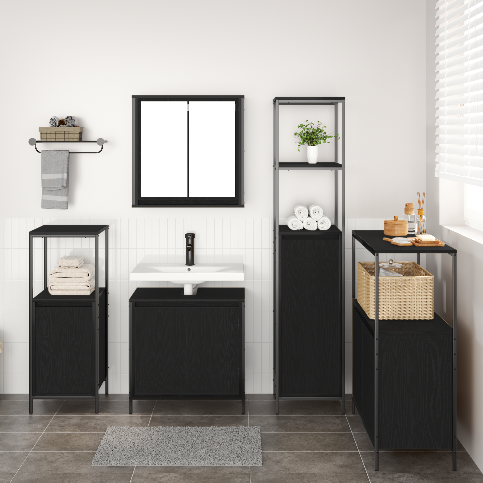 Ensemble de meubles de salle de bain 5 pièces en bois d'ingénierie chêne noir Meubles-lavabos de salle de bains vidaXL