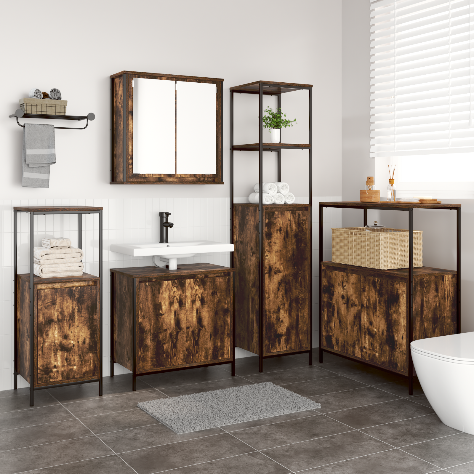 Ensemble de meubles de salle de bain 5 pièces en bois d'ingénierie chêne fumé Meubles-lavabos de salle de bains vidaXL