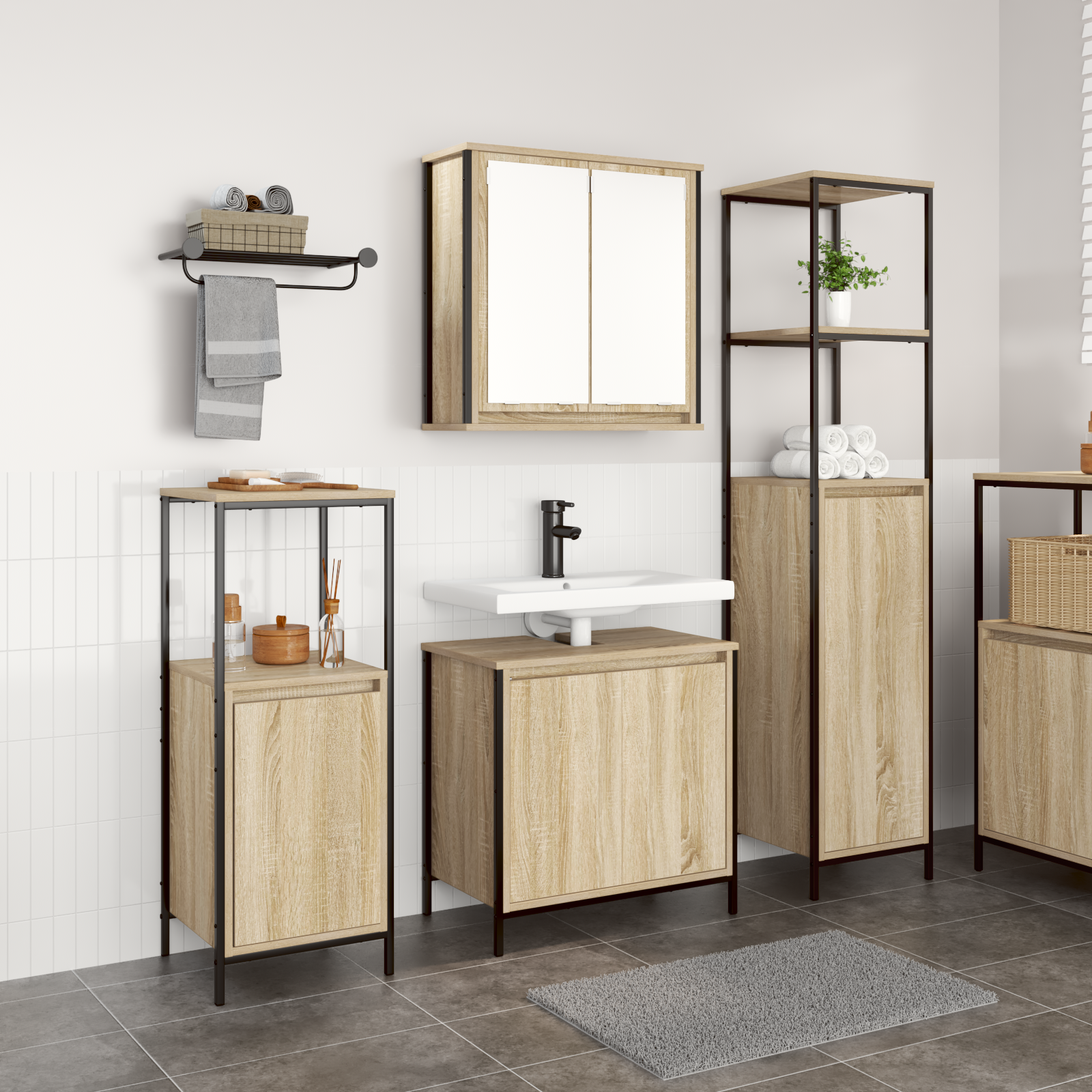 Ensemble de meubles de salle de bain 3 pièces Chêne Sonoma Bois d'ingénierie Meubles-lavabos de salle de bains vidaXL