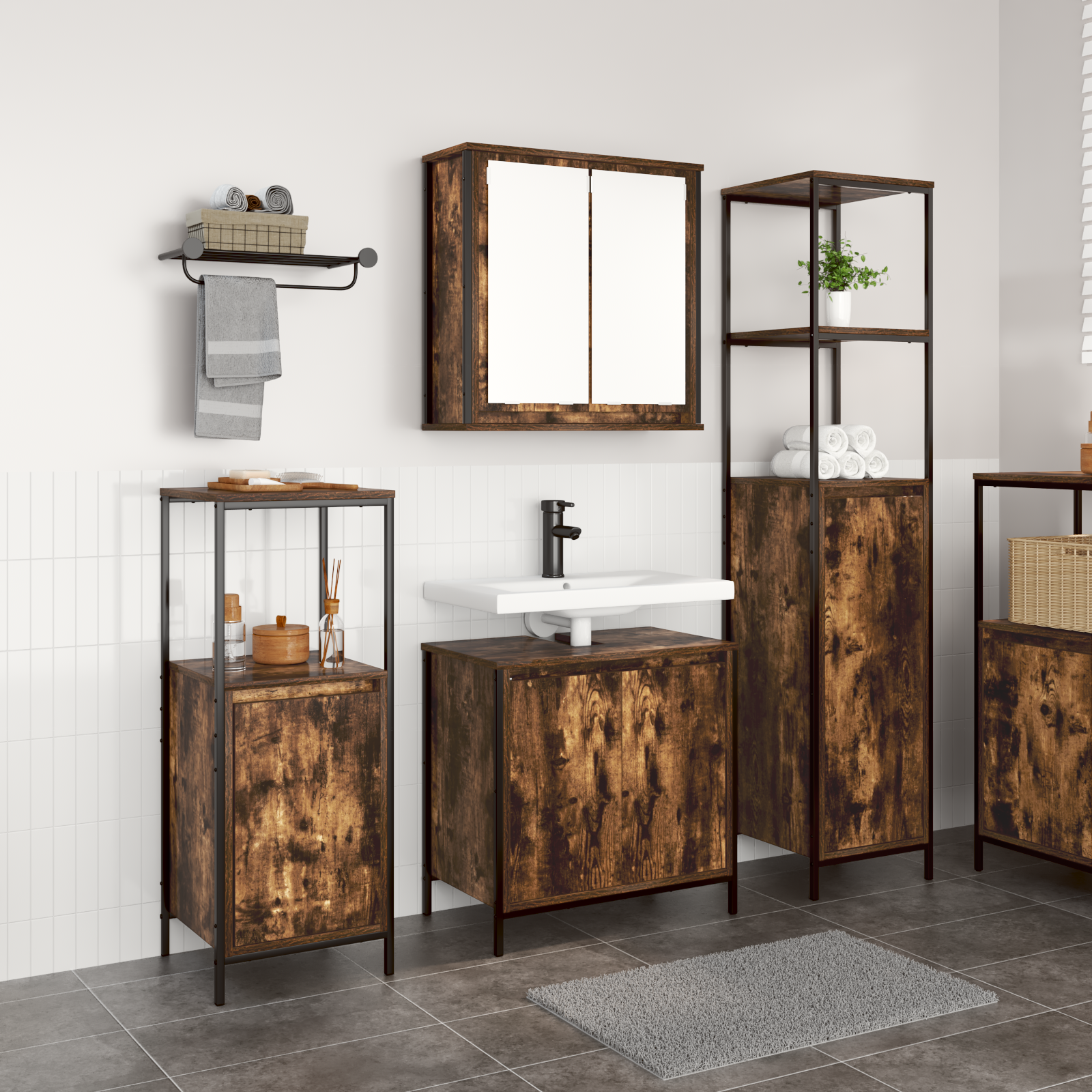 Ensemble de meubles de salle de bain 3 pièces en chêne fumé - Bois d'ingénierie Meubles-lavabos de salle de bains vidaXL