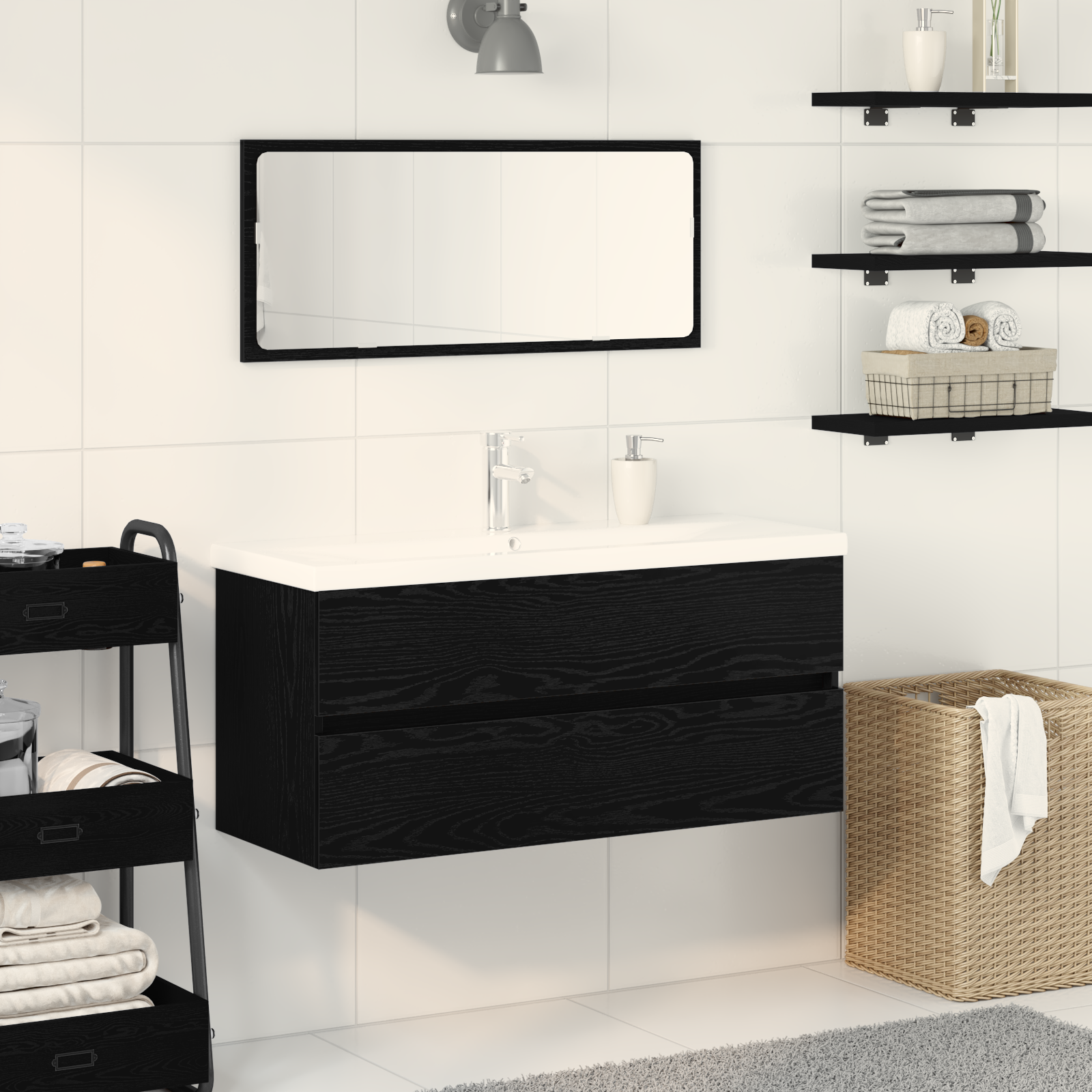 Cabinet sous lavabo avec lavabo intégré en bois d'ingénierie chêne noir Meubles-lavabos de salle de bains vidaXL