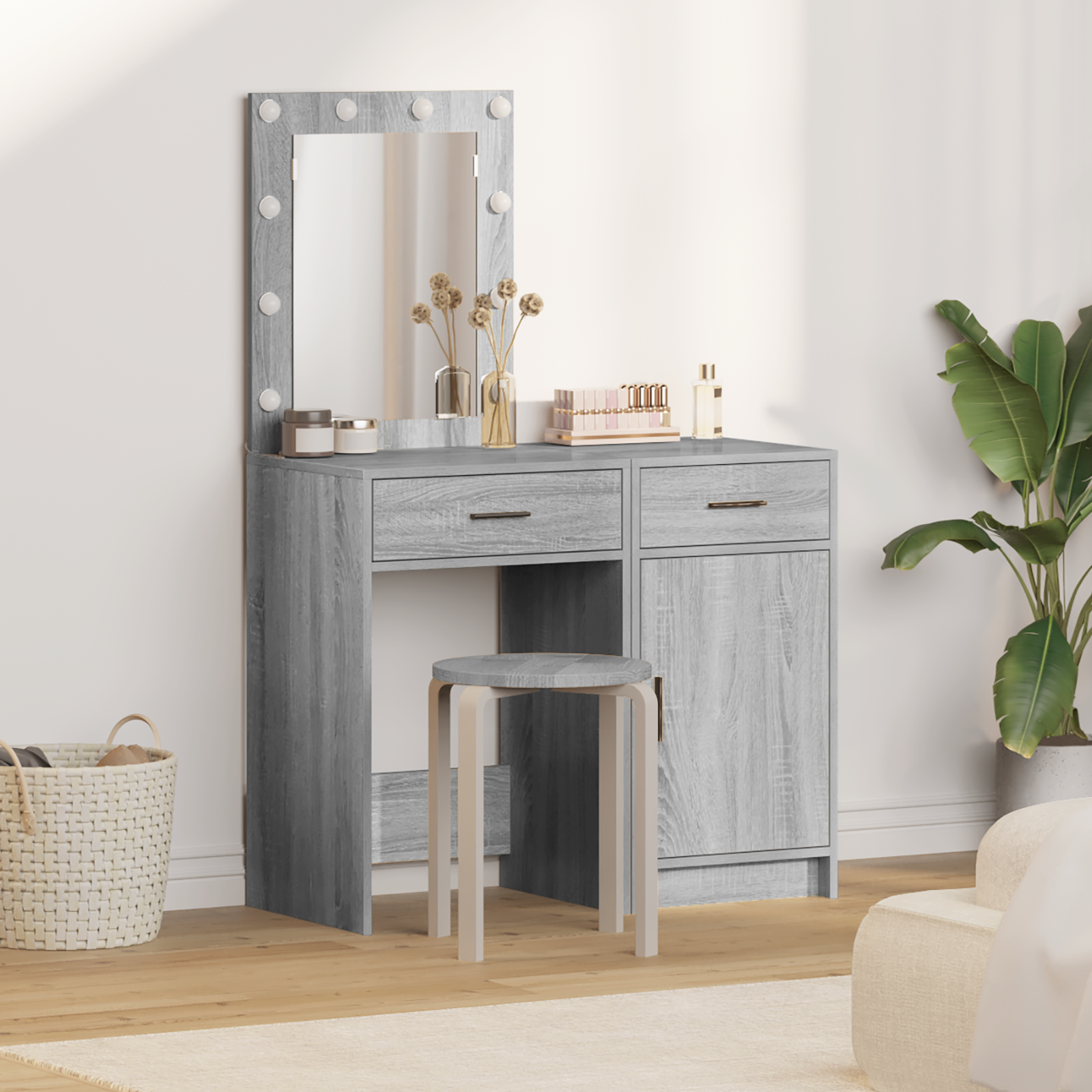 Ensemble de table de maquillage de 2 pièces avec LED en bois d'ingénierie gris sonoma Coiffeuses vidaXL