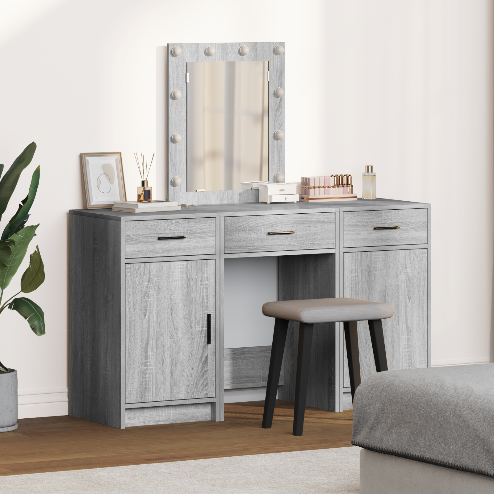 Ensemble de coiffeuse de 3 pièces vidaXL avec LED en bois d'ingénierie gris sonoma Coiffeuses vidaXL