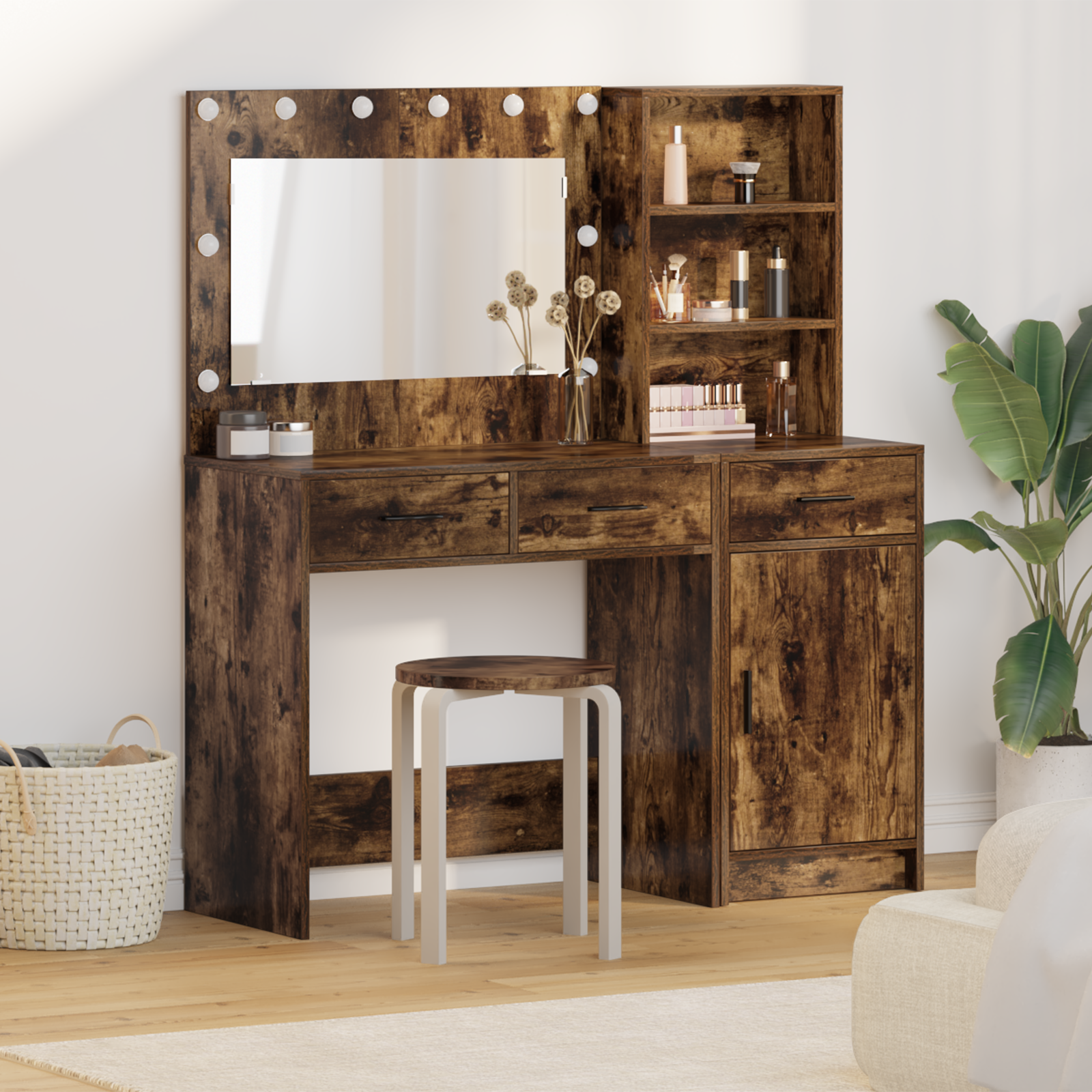 Set de coiffeuse 2 pièces vidaXL avec LED en chêne fumé en bois d'ingénierie Coiffeuses vidaXL