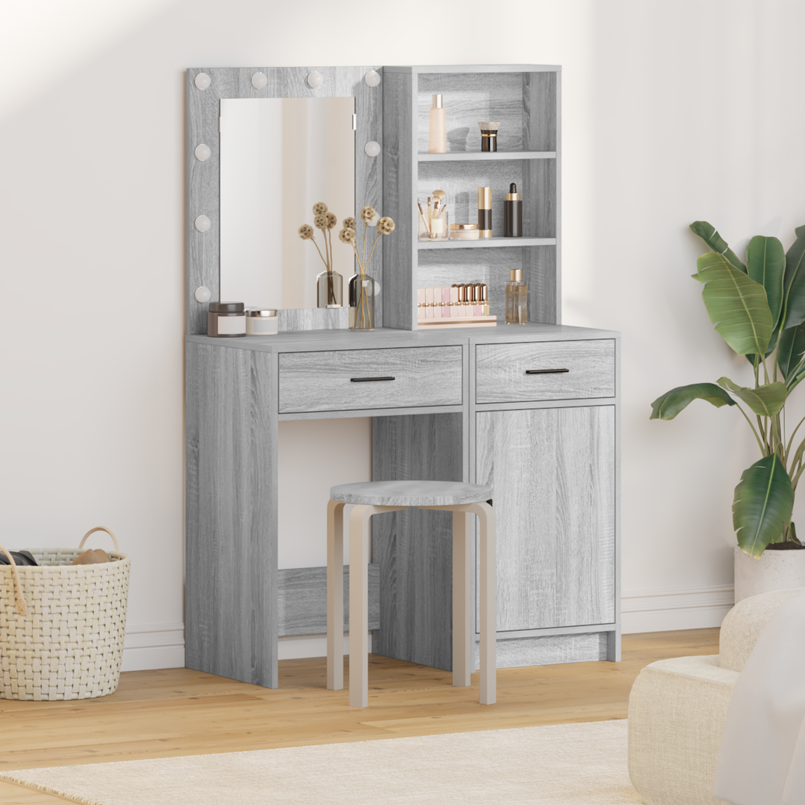 Ensemble de coiffeuse 2 pièces avec LED en bois d'ingénierie Sonoma gris Coiffeuses vidaXL