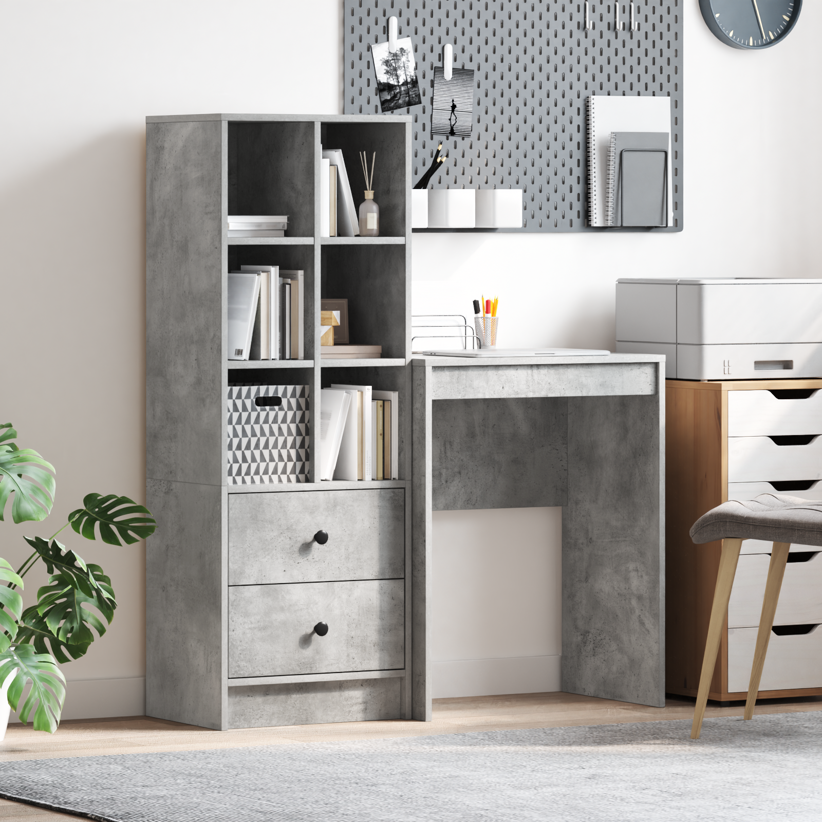 Bureau avec tiroir avec étagère avec stockage 2 pcs Gris béton - XIOS