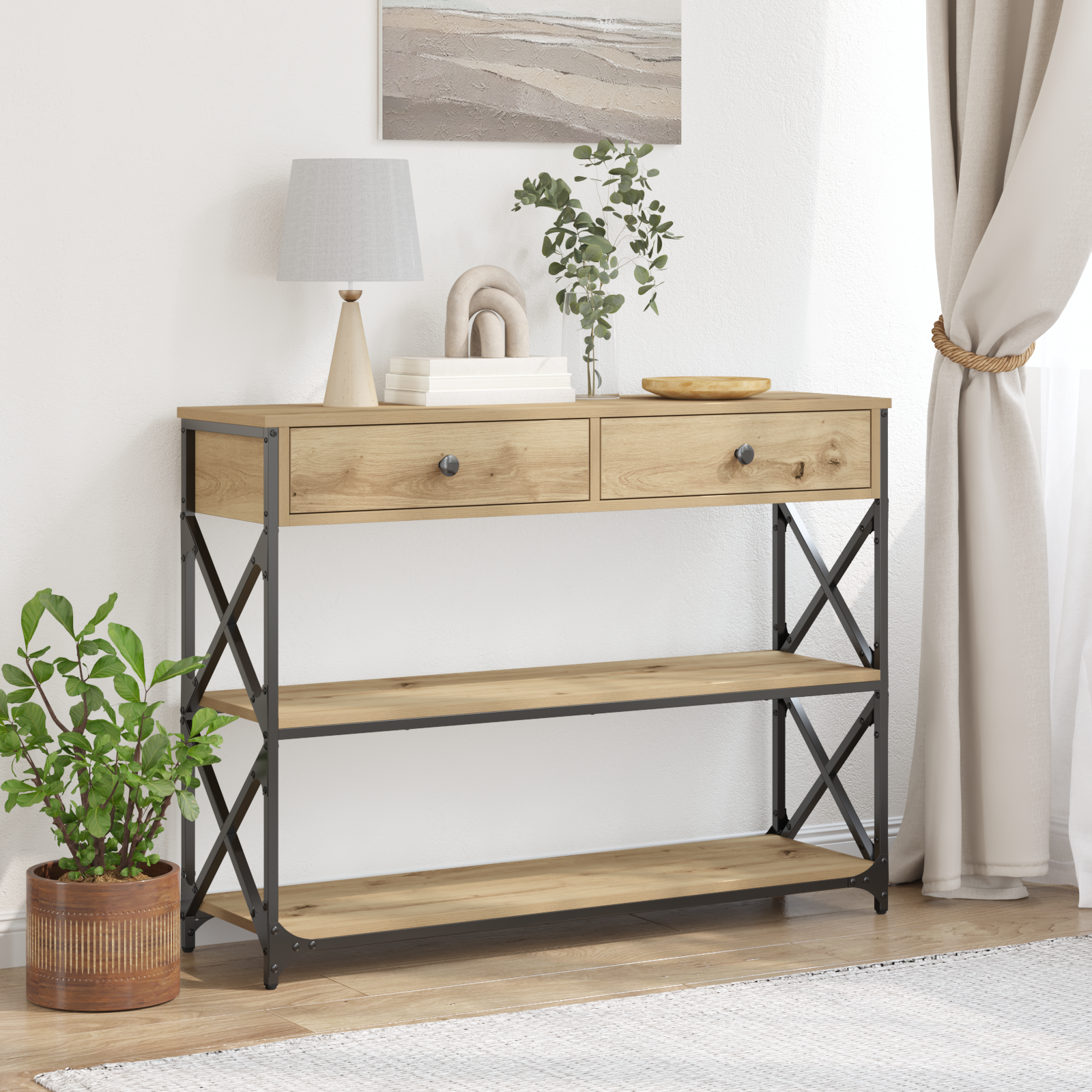 Table Console avec tiroir chêne artisanal 100 x 28 x 75 cm - XIOS