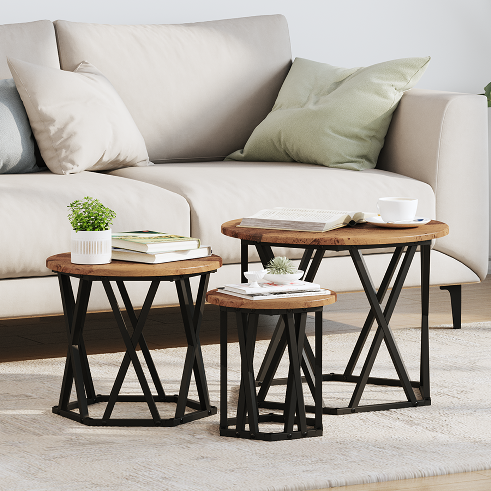 Tables d'appoint empilables vidaXL 3 pcs en bois recyclé et stratifié