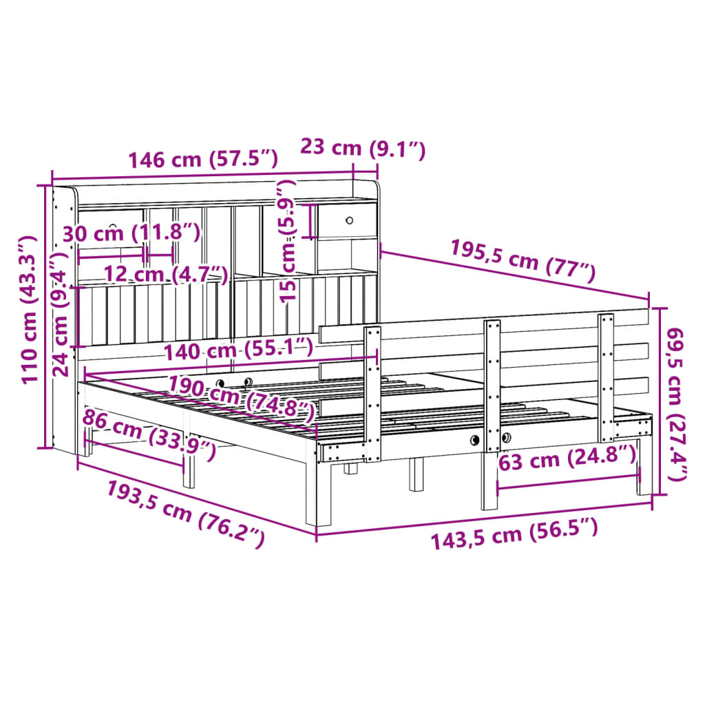 Lit bibliothèque sans matelas blanc 140x190 cm bois pin massif - XIOS