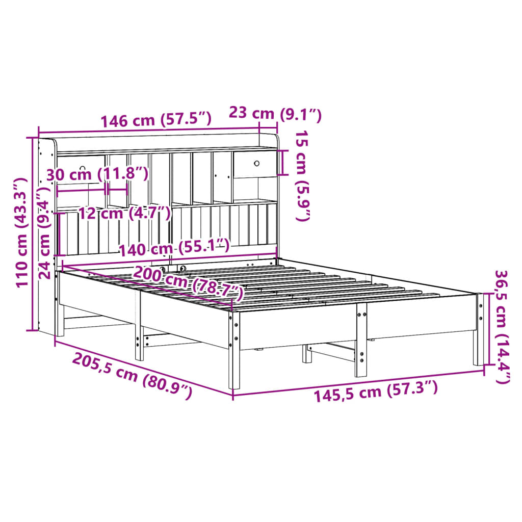 Lit bibliothèque sans matelas blanc 140x200 cm bois pin massif - XIOS