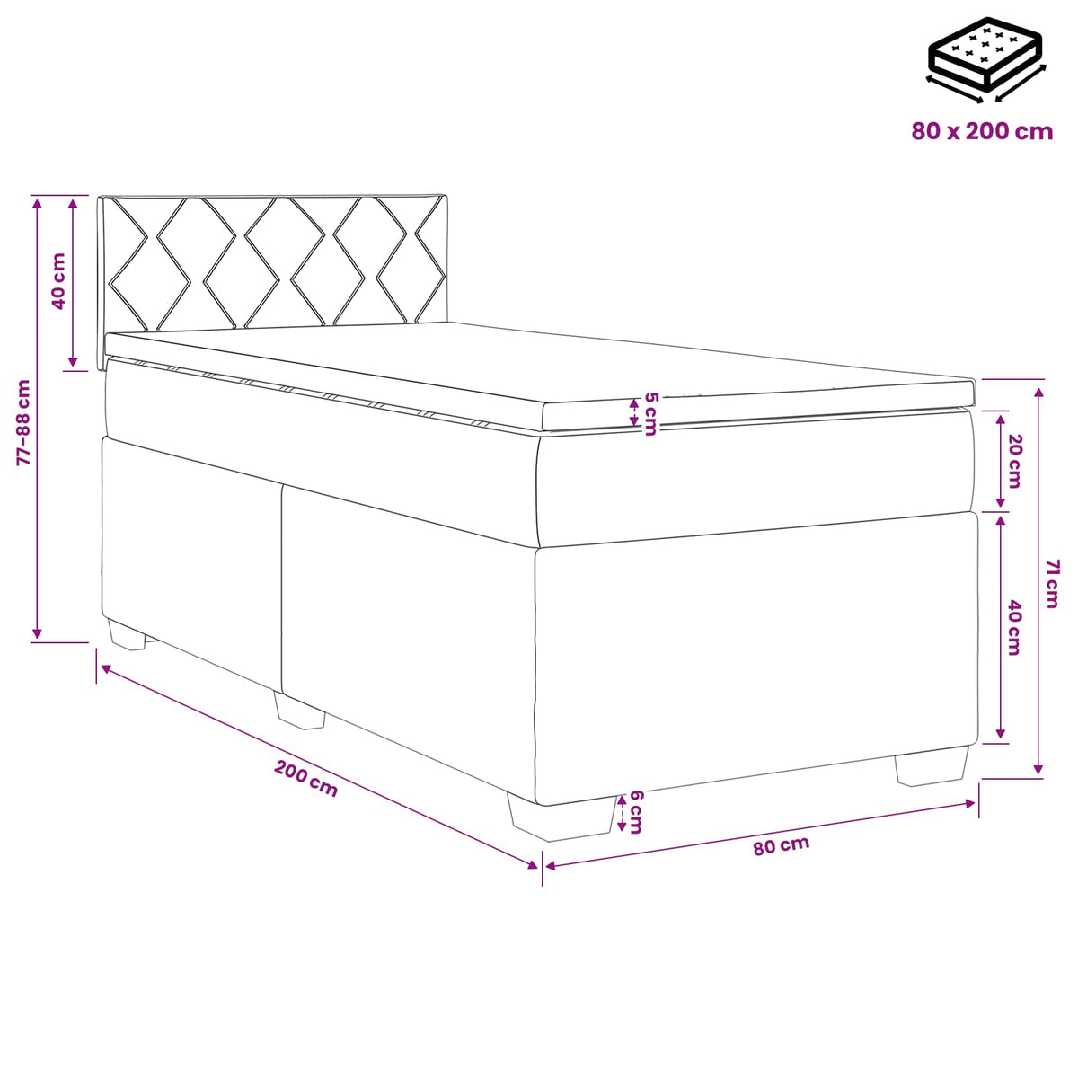 Lit boxspring avec matelas Noir 80 x 200 cm Velours - XIOS