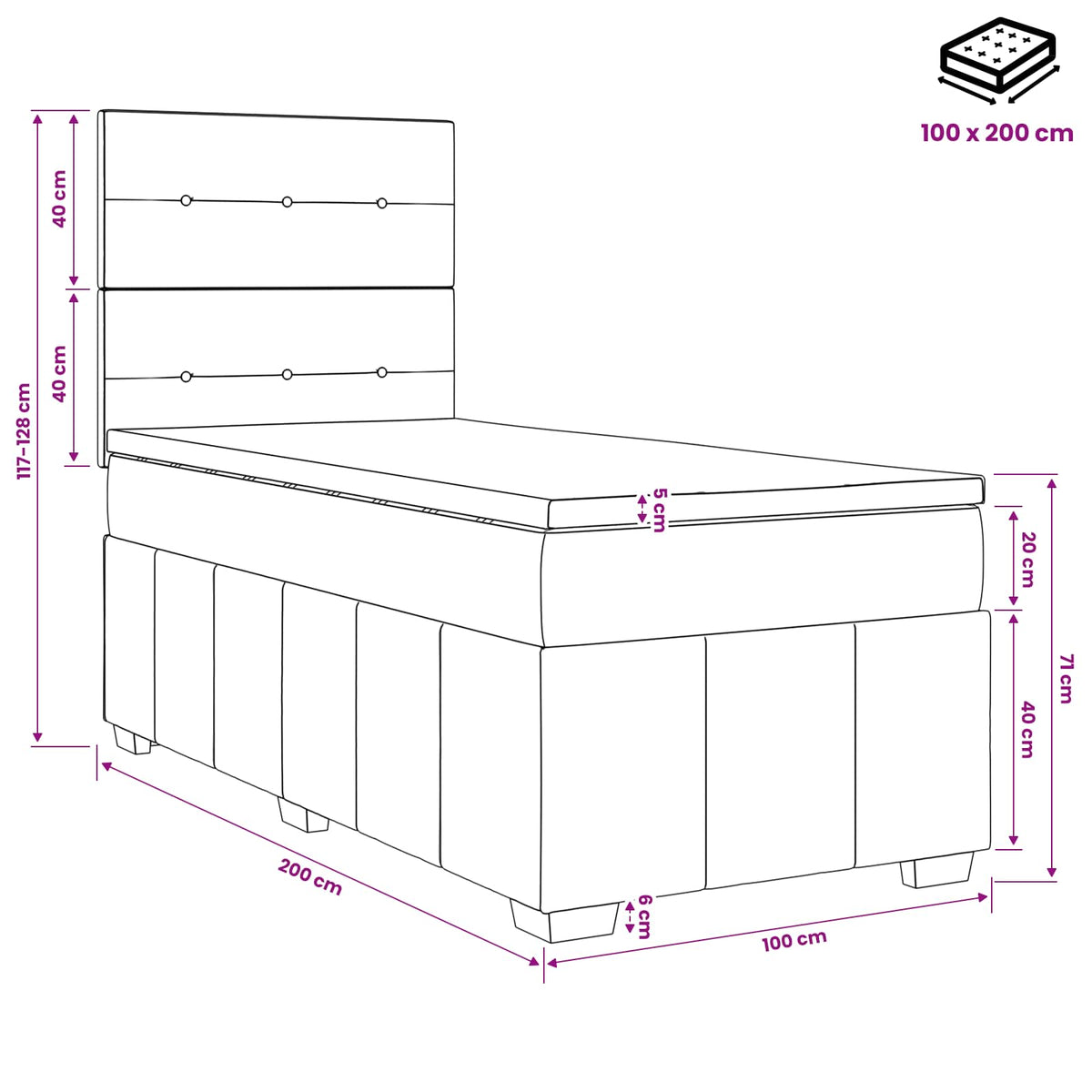 Lit boxspring LED avec matelas Bleu 100 x 200 cm Tissu - XIOS