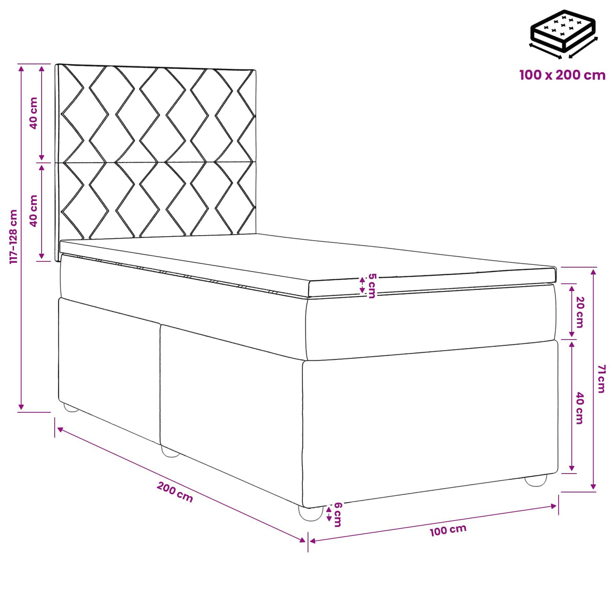 Lit boxspring LED avec matelas Bleu 100 x 200 cm Velours - XIOS