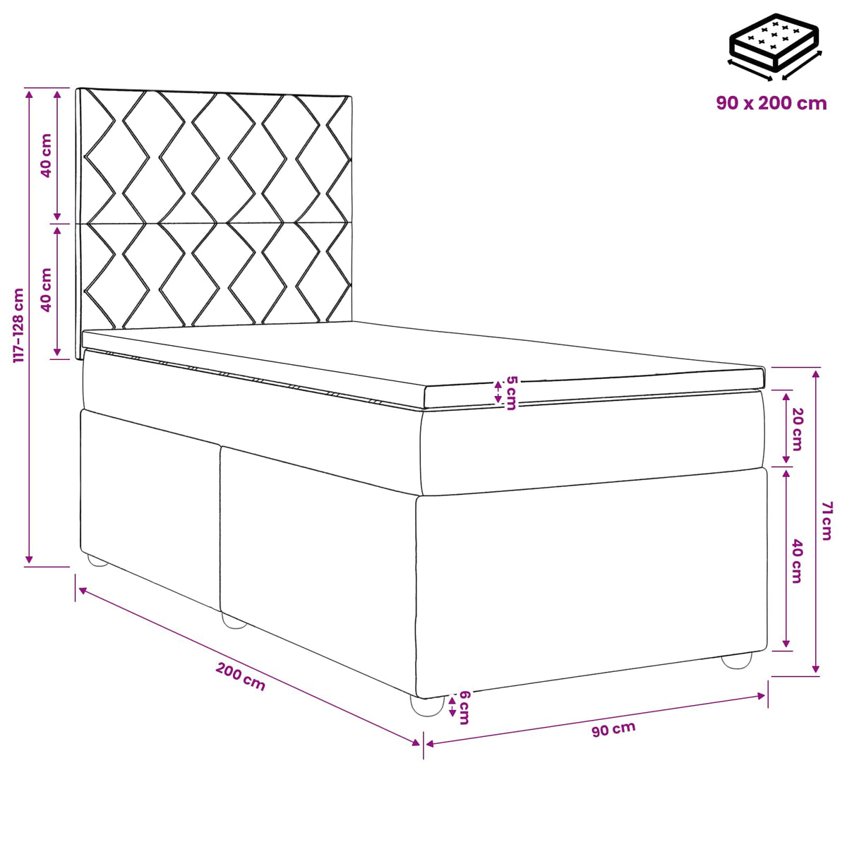 Lit boxspring LED avec matelas Rose 90 x 200 cm Velours - XIOS