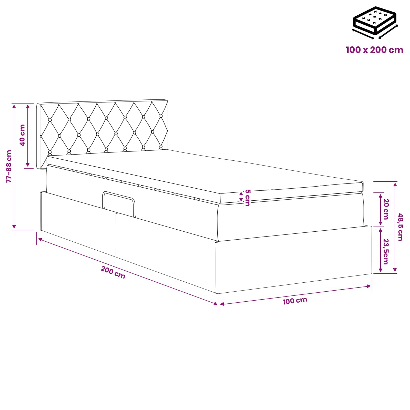 Lit de Rangement Gris clair 100 x 200 cm Velours - XIOS