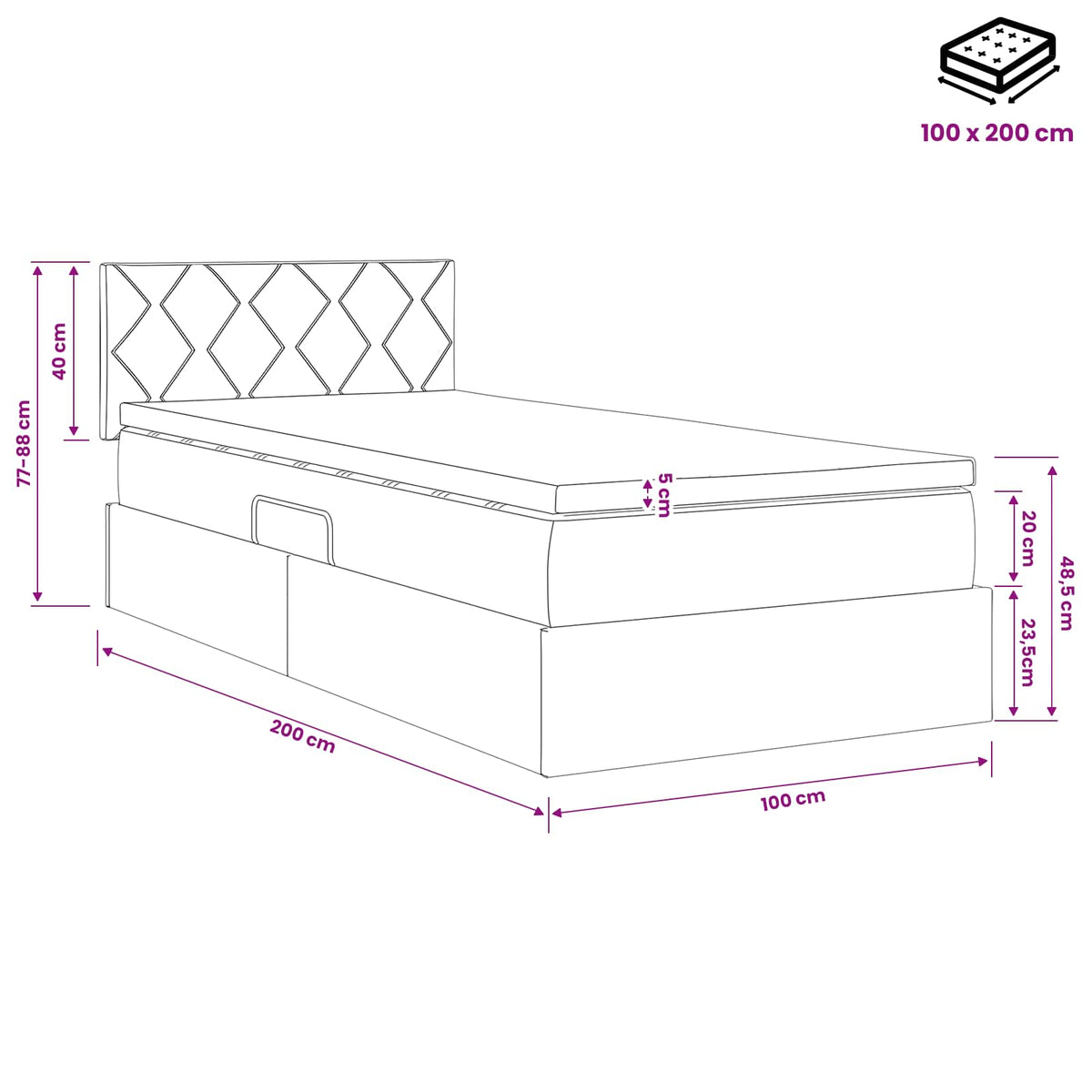 Lit de Rangement Gris clair 100 x 200 cm Velours - XIOS