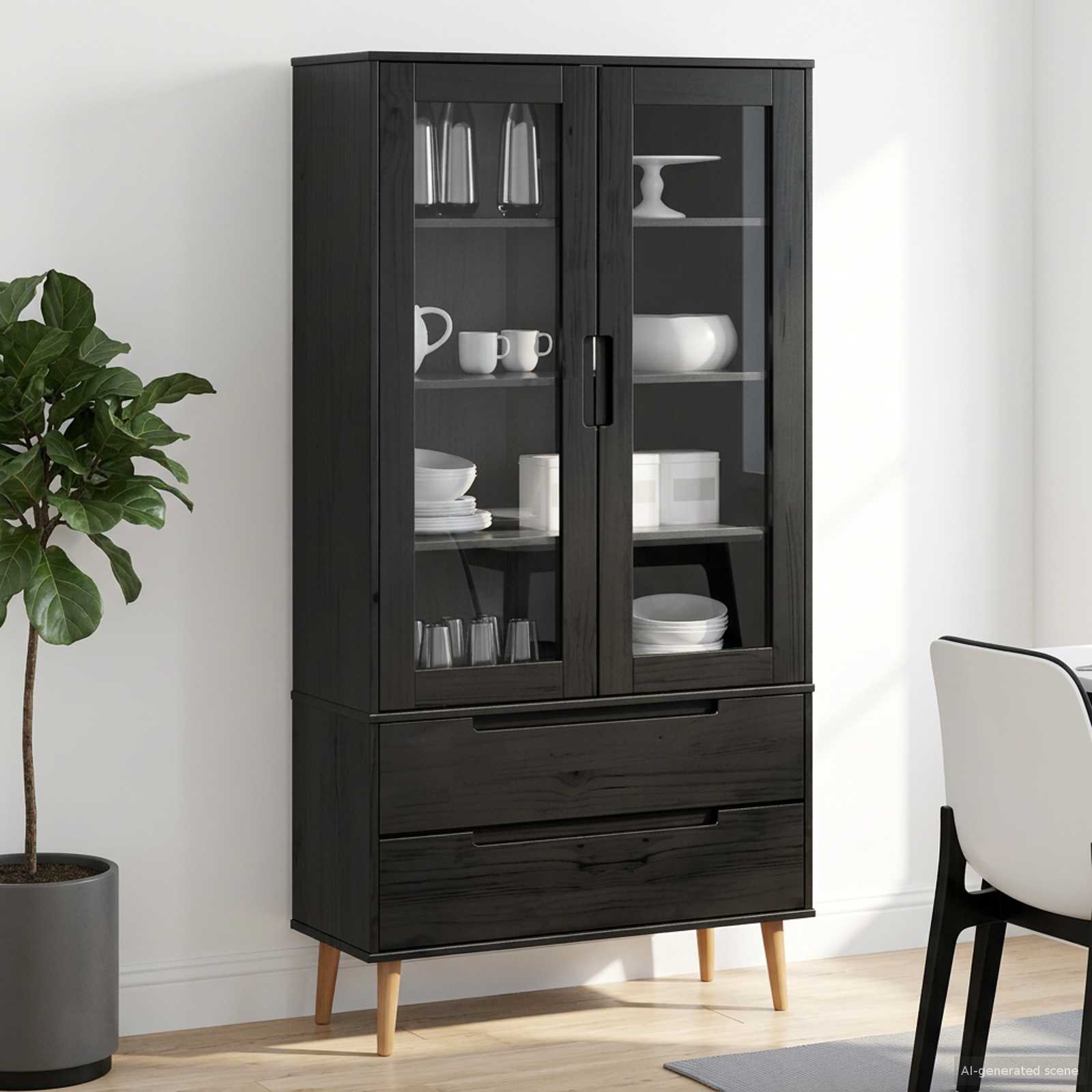 Vitrine en Verre MOLDE 90 x 35 x 175 cm Bois de pin massif Noir - XIOS