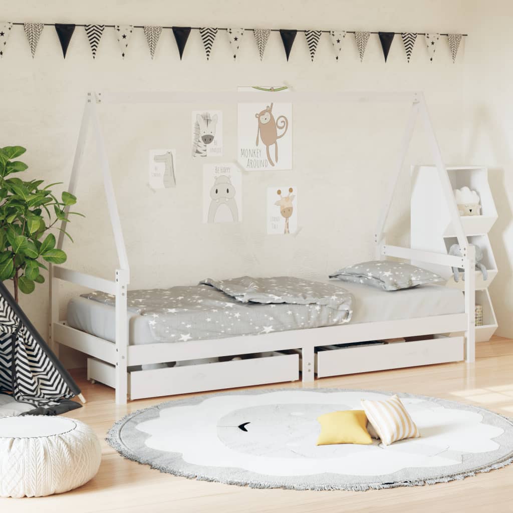 Cadre de lit enfant tiroirs blanc 90x200 cm bois de pin massif Lits bébés et enfants vidaXL