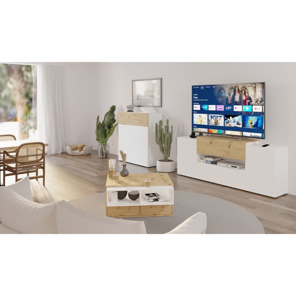 FMD Meuble TV/Hi-Fi 182x33x70,2 cm Blanc et chêne artisanal Meubles TV FMD   