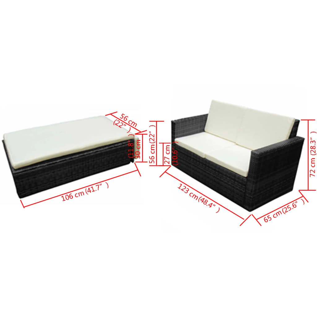 Salon de jardin 2 pcs avec coussins Résine tressée Noir Salons de jardin vidaXL