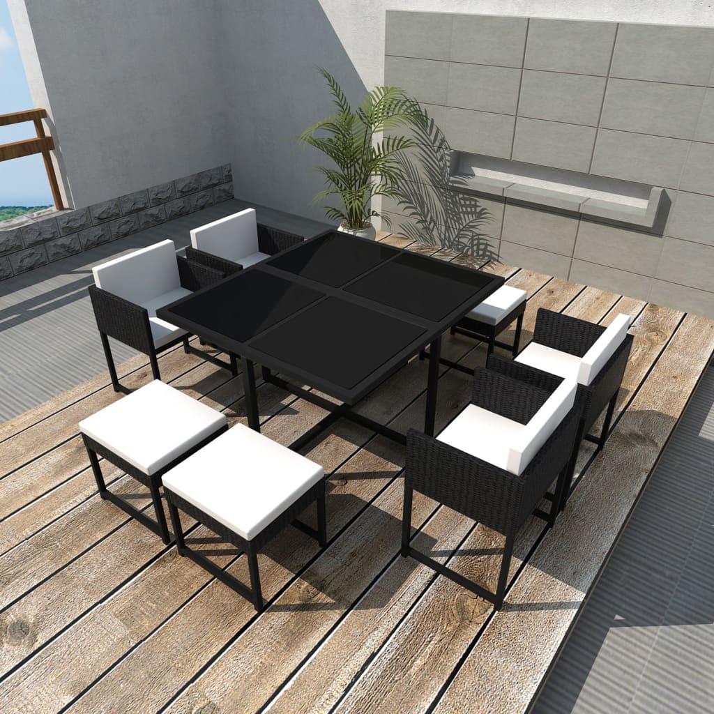 Ensemble à manger d'extérieur 9pcs coussins Résine tressée Noir - XIOS