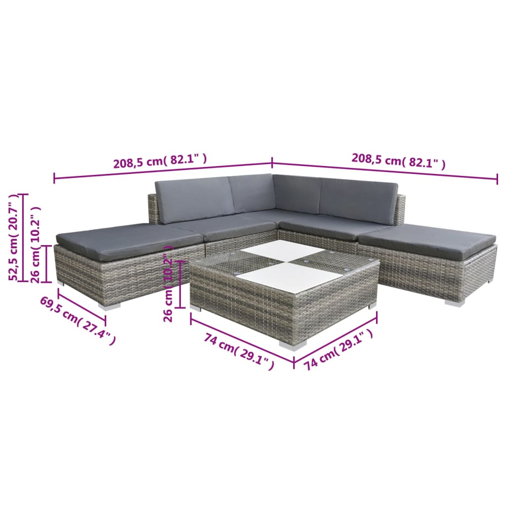 Salon de jardin 6 pcs avec coussins résine tressée gris - XIOS