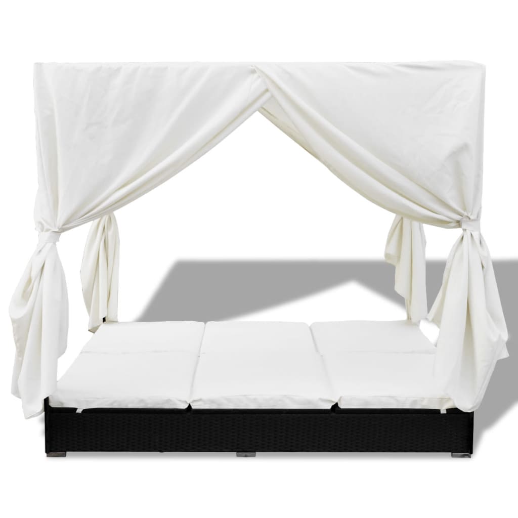 Chaise longue d'extérieur avec rideaux Résine tressée Noir Lits d'extérieur vidaXL