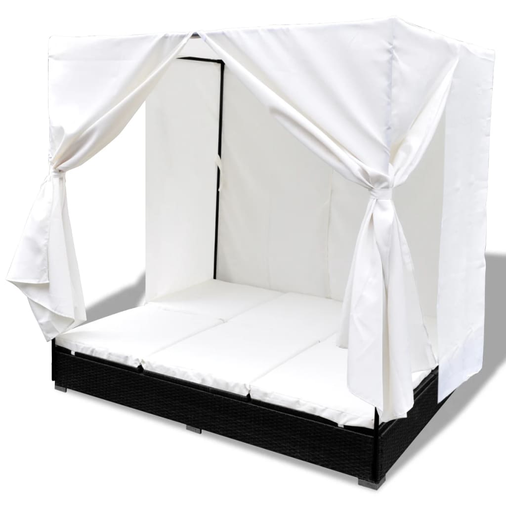 Chaise longue d'extérieur avec rideaux Résine tressée Noir Lits d'extérieur vidaXL