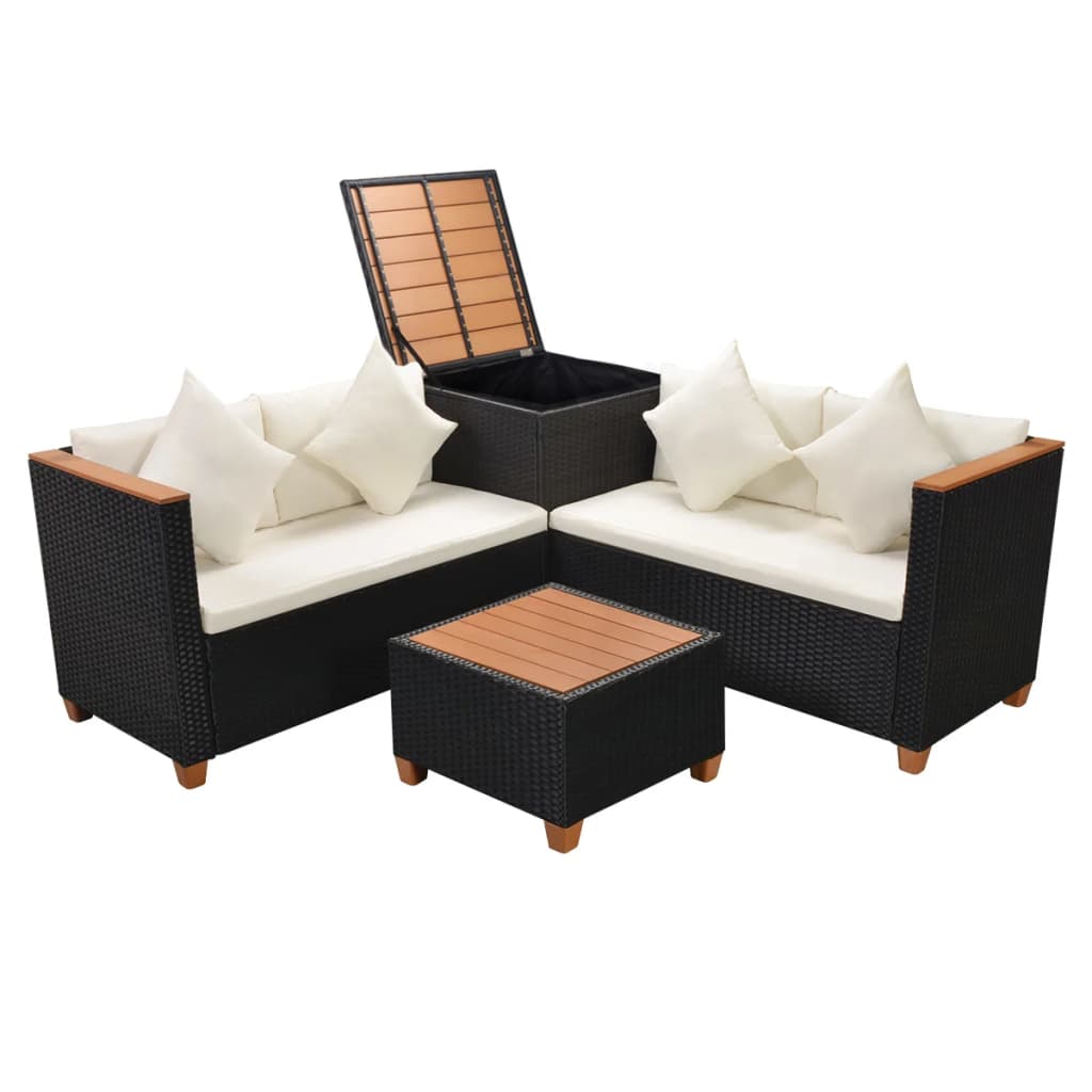 Salon de jardin 4 pcs avec coussins Résine tressée Noir