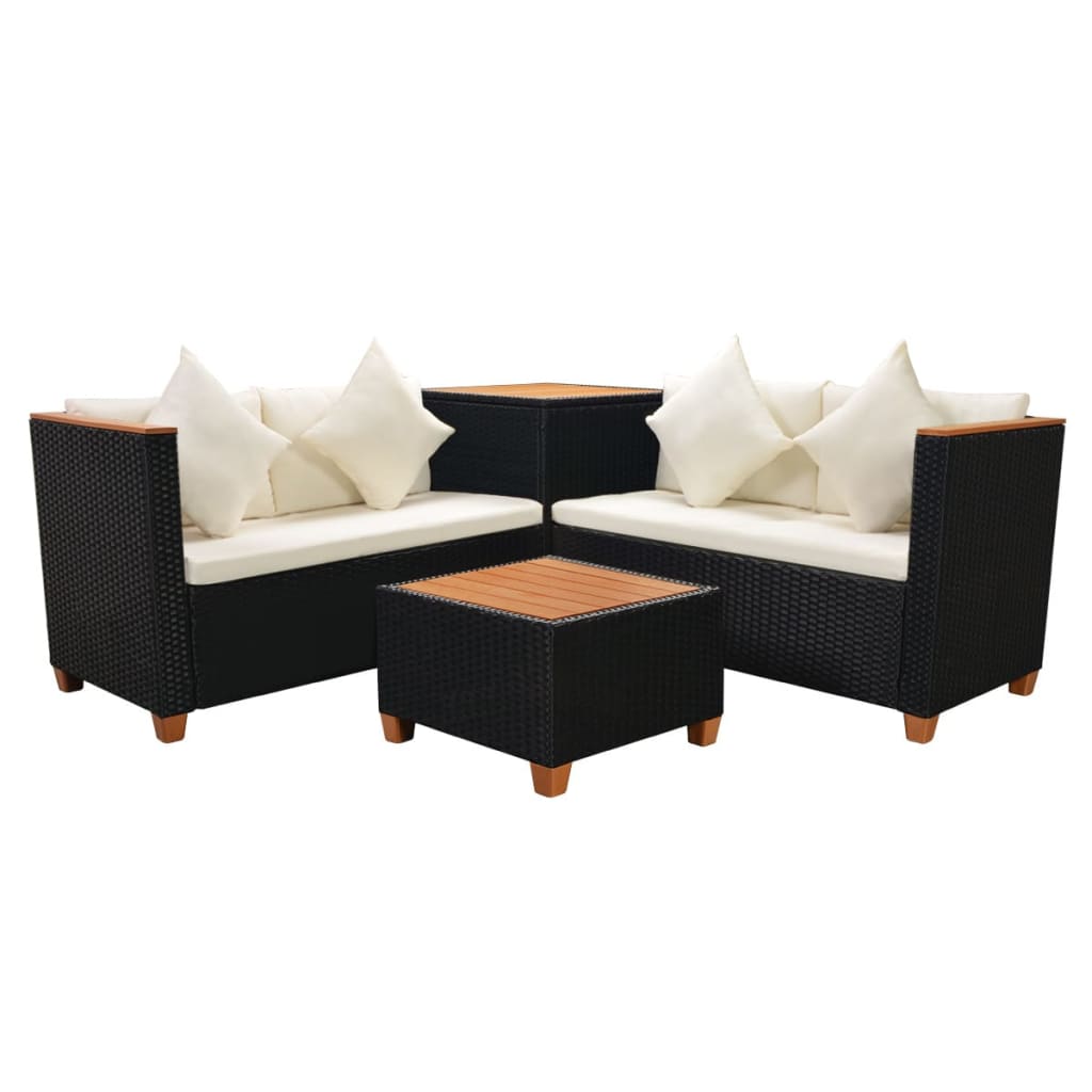 Salon de jardin 4 pcs avec coussins Résine tressée Noir