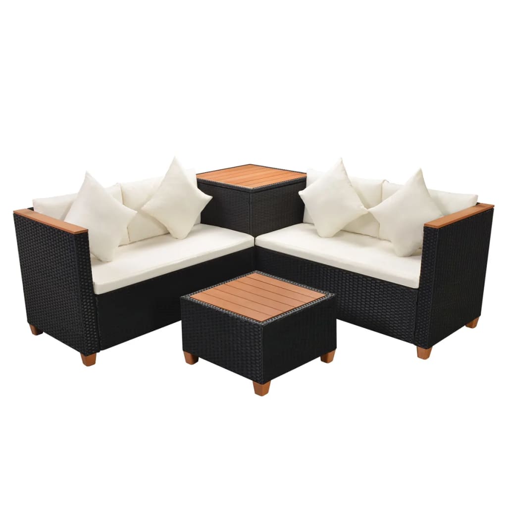 Salon de jardin 4 pcs avec coussins Résine tressée Noir