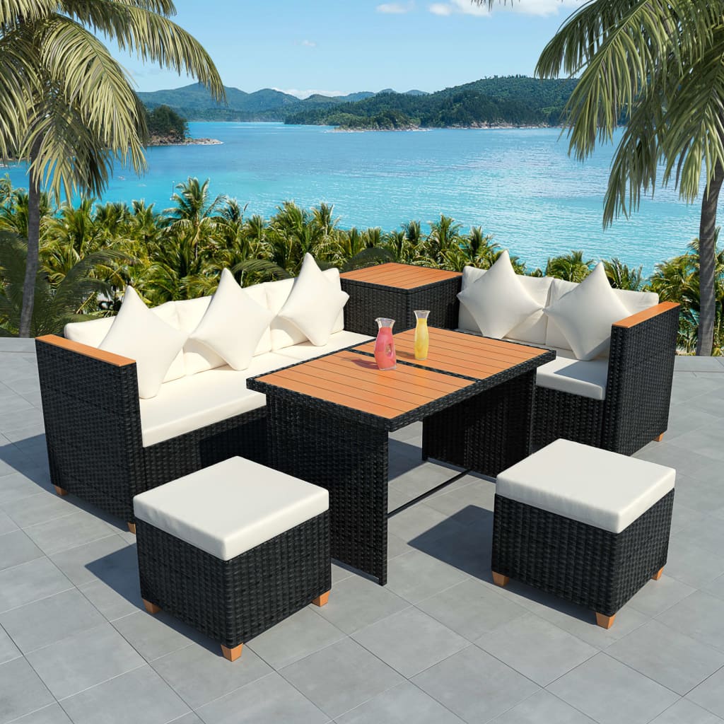 Salon de jardin 7 pcs avec coussins Résine tressée Noir - XIOS