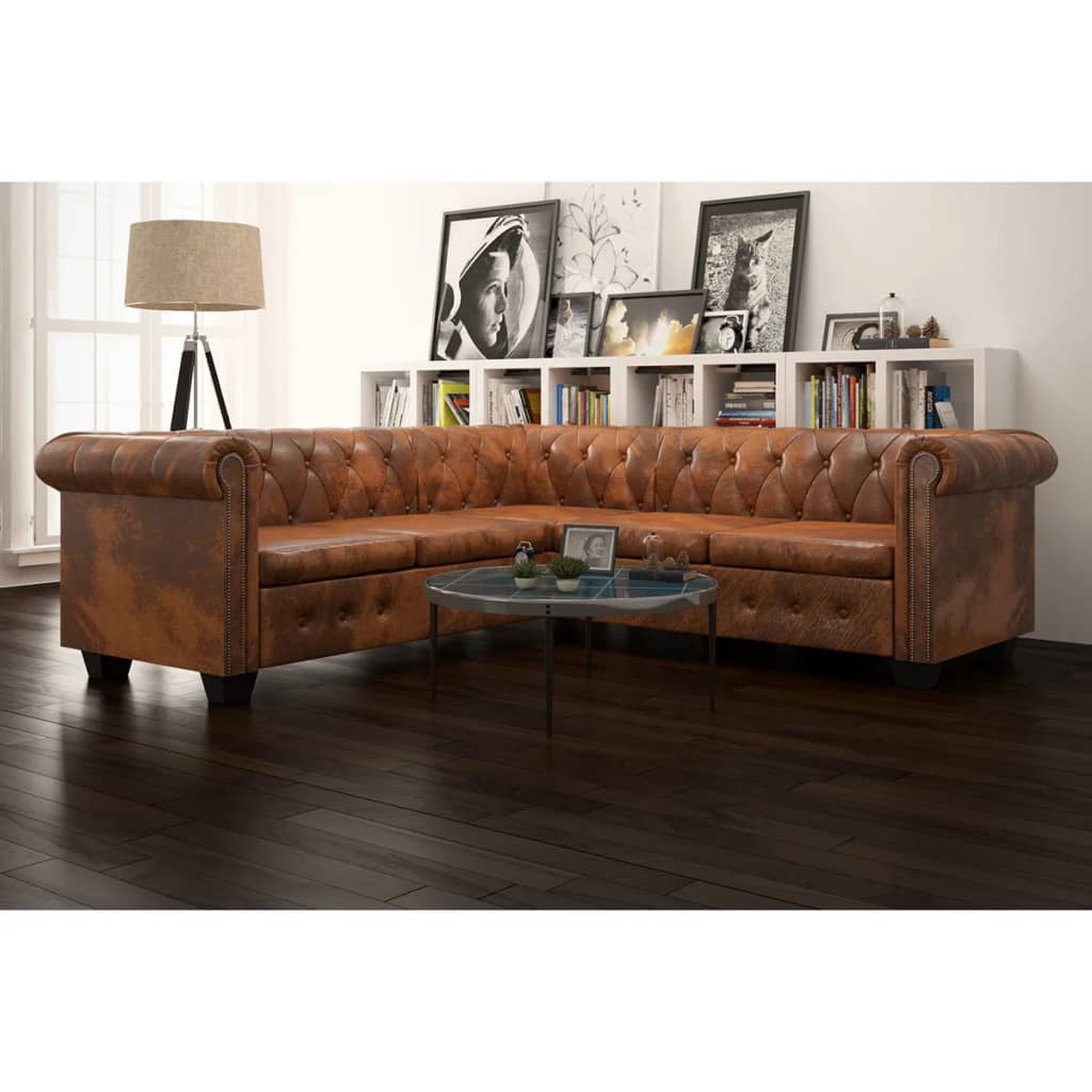 Canapé d'angle Chesterfield 5 plcs Cuir artificiel Marron - XIOS