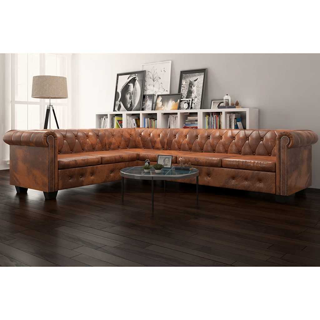 Canapé d'angle Chesterfield 6 Places Cuir artificiel Marron - XIOS
