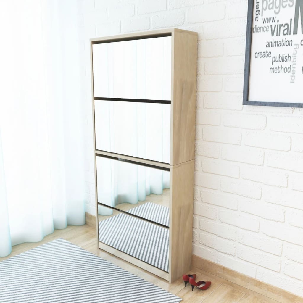 Meuble à chaussures 4 étagères avec miroir 63x17x134 cm Chêne - XIOS