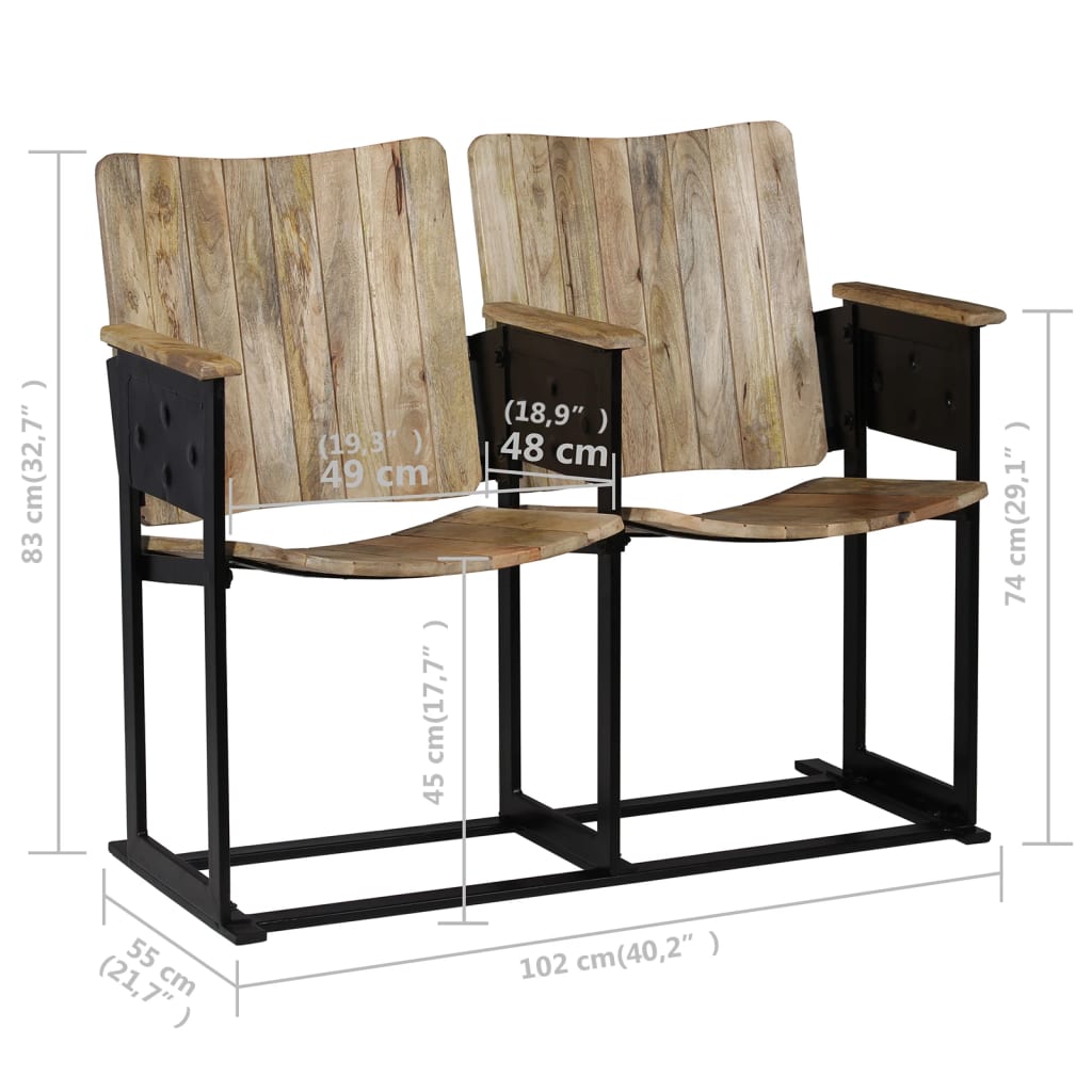 Banc à 2 places Bois de manguier massif et acier - XIOS