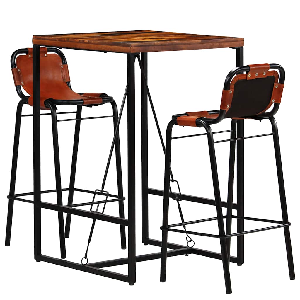 Ensemble de bar 3 pcs Bois massif recyclé et cuir de chèvre