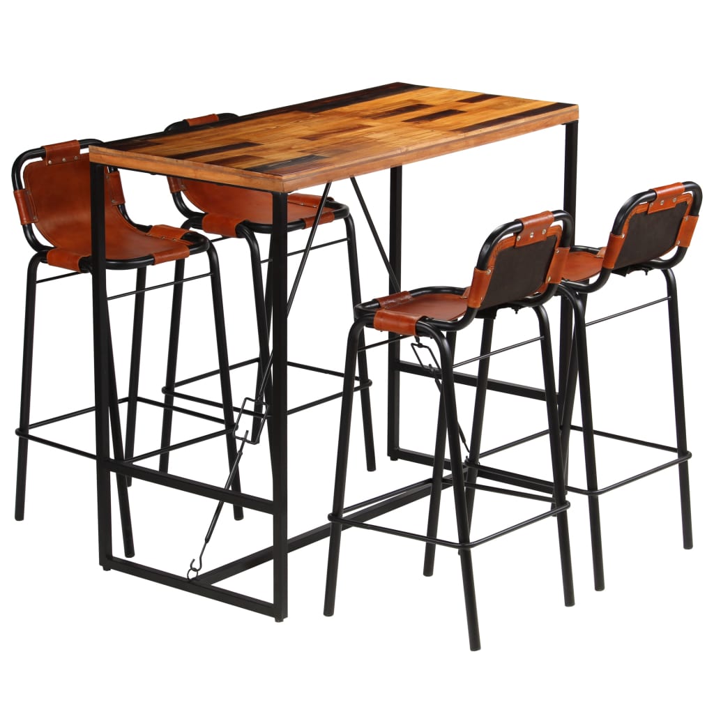 Ensemble de bar 5 pcs Bois massif recyclé et cuir de chèvre - XIOS
