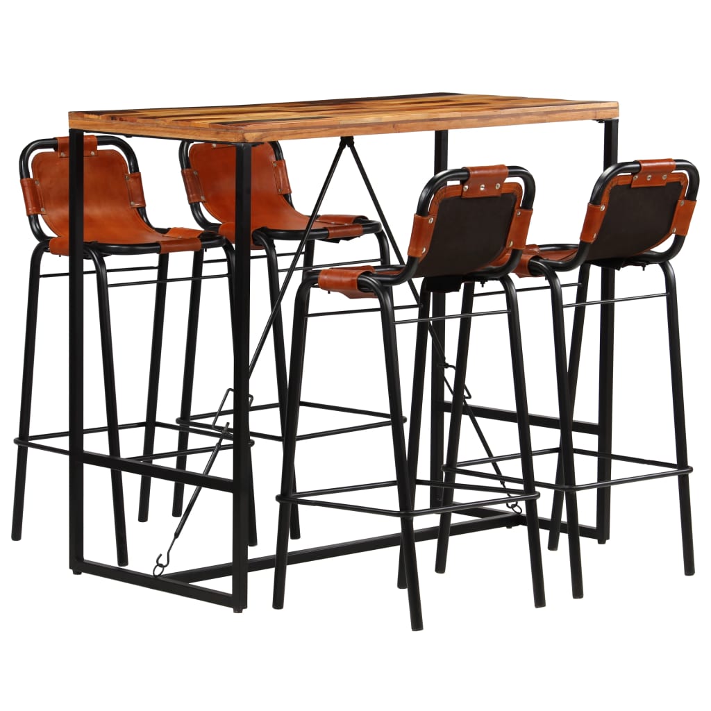 Ensemble de bar 5 pcs Bois massif recyclé et cuir de chèvre - XIOS