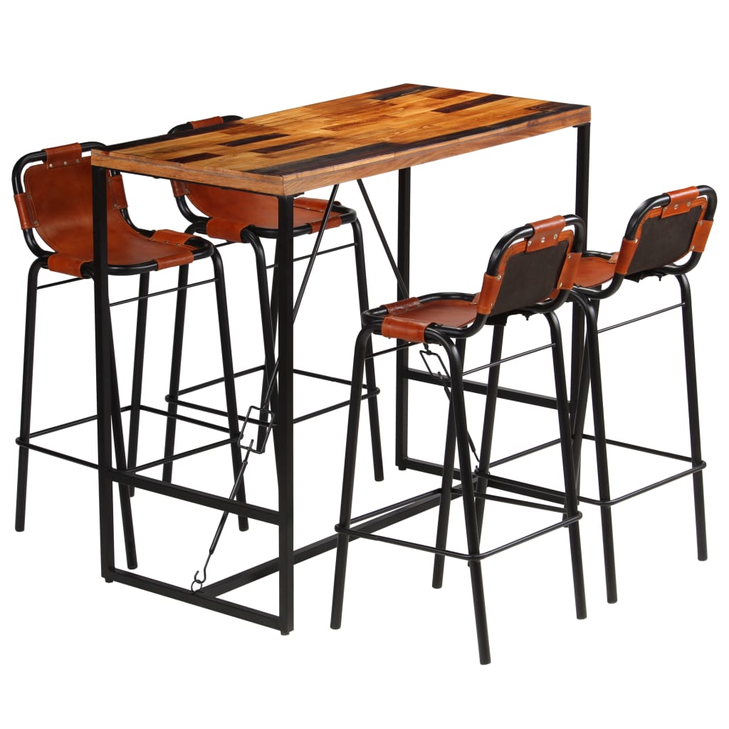 Ensemble de bar 5 pcs Bois massif recyclé et cuir de chèvre - XIOS