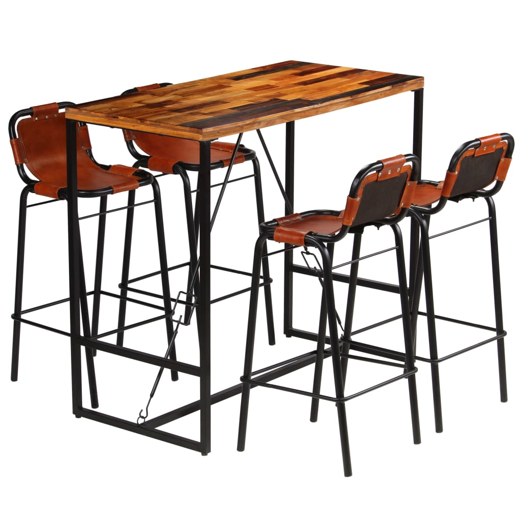 Ensemble de bar 5 pcs Bois massif recyclé et cuir de chèvre - XIOS