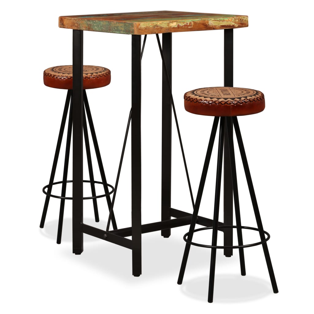 Ensemble de bar 3 pcs Bois de récupération Cuir véritable et toile - XIOS