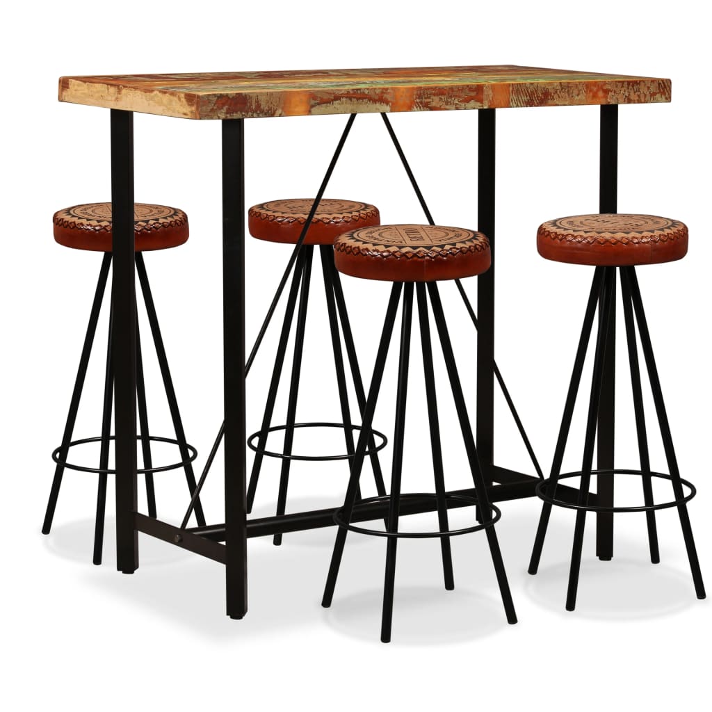 Ensemble de bar 5 pcs Bois de récupération Cuir véritable et toile - XIOS