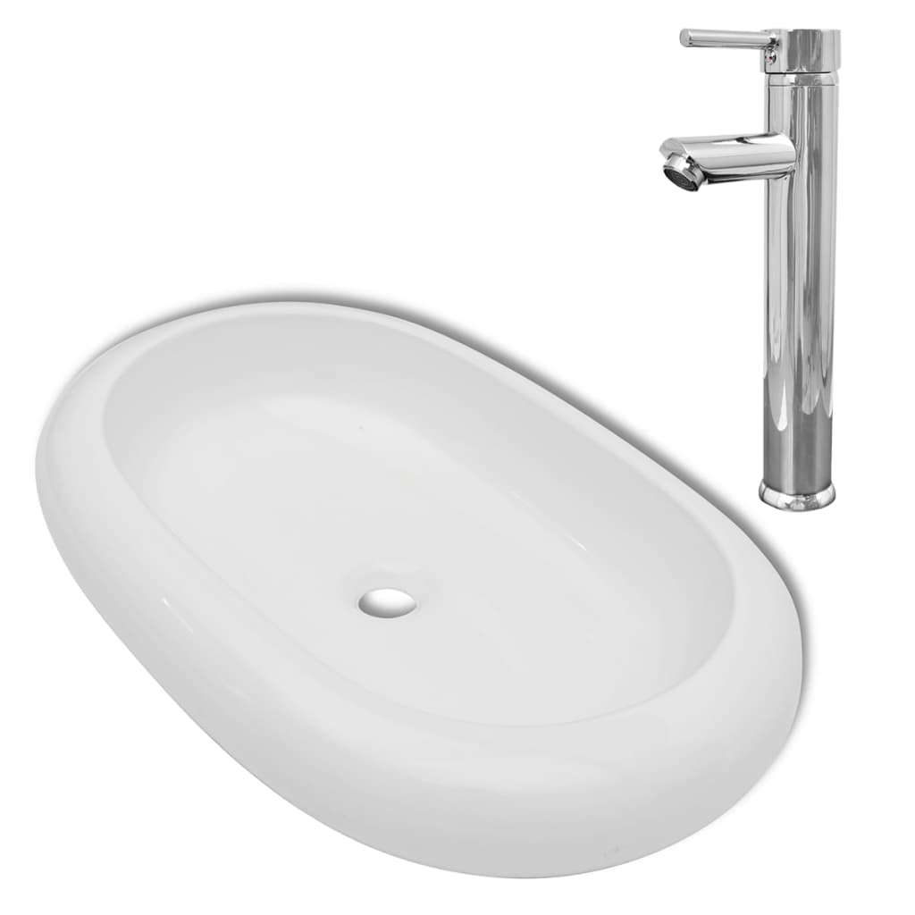 Lavabo de salle de bain avec mitigeur Céramique Ovale Blanc Lavabos vidaXL