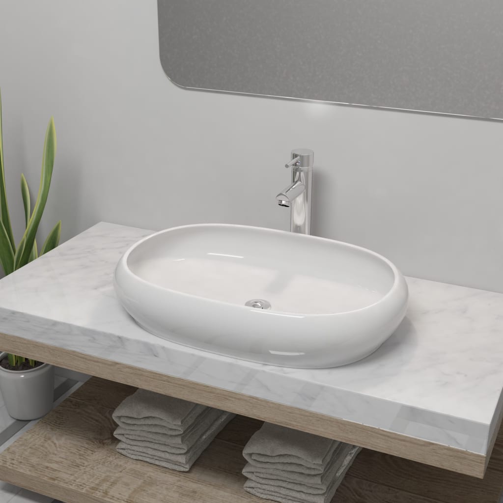 Lavabo de salle de bain avec mitigeur Céramique Ovale Blanc Lavabos vidaXL