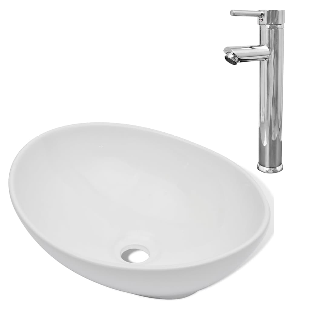 Lavabo de salle de bain avec mitigeur Céramique Ovale Blanc Lavabos vidaXL