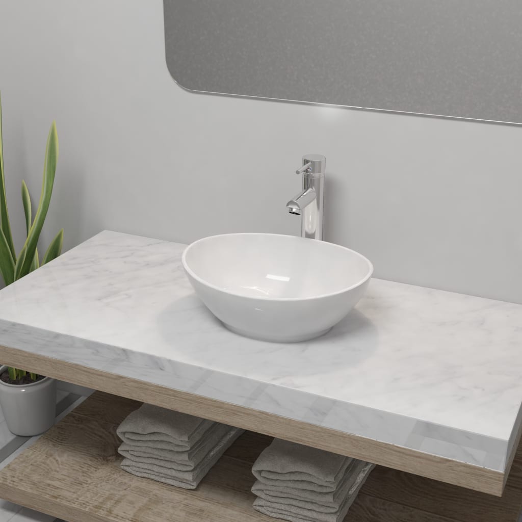 Lavabo de salle de bain avec mitigeur Céramique Ovale Blanc Lavabos vidaXL