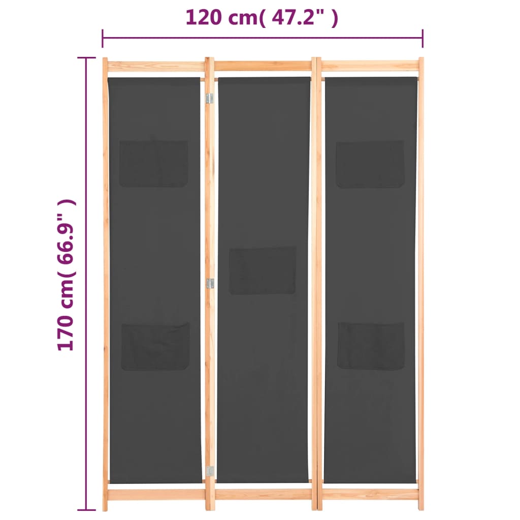 Cloison de séparation 3 panneaux Gris 120x170x4 cm Tissu - XIOS